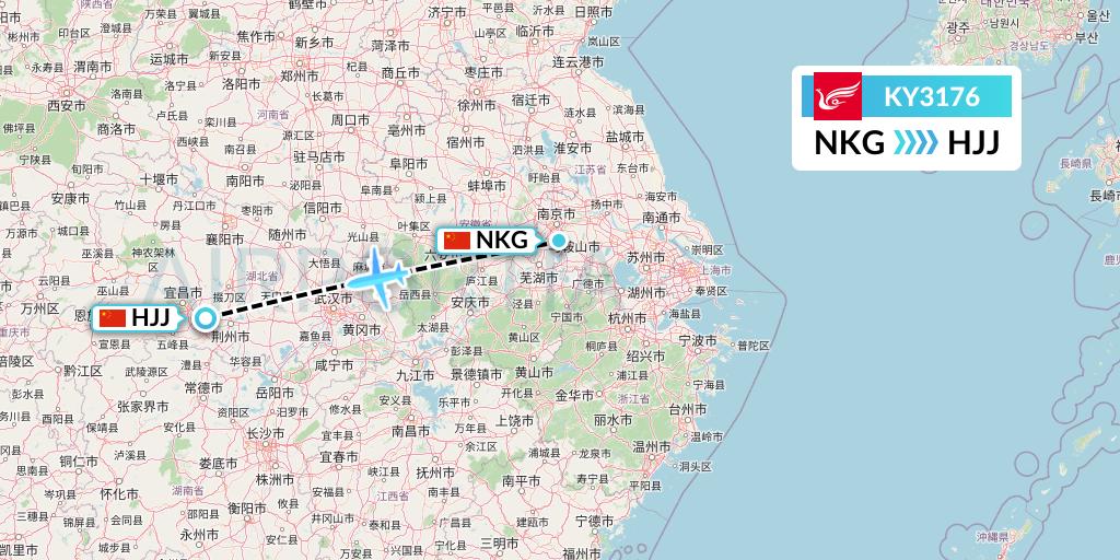 KY3176 Kunming Airlines Flight Map: Nanjing to Huaihua