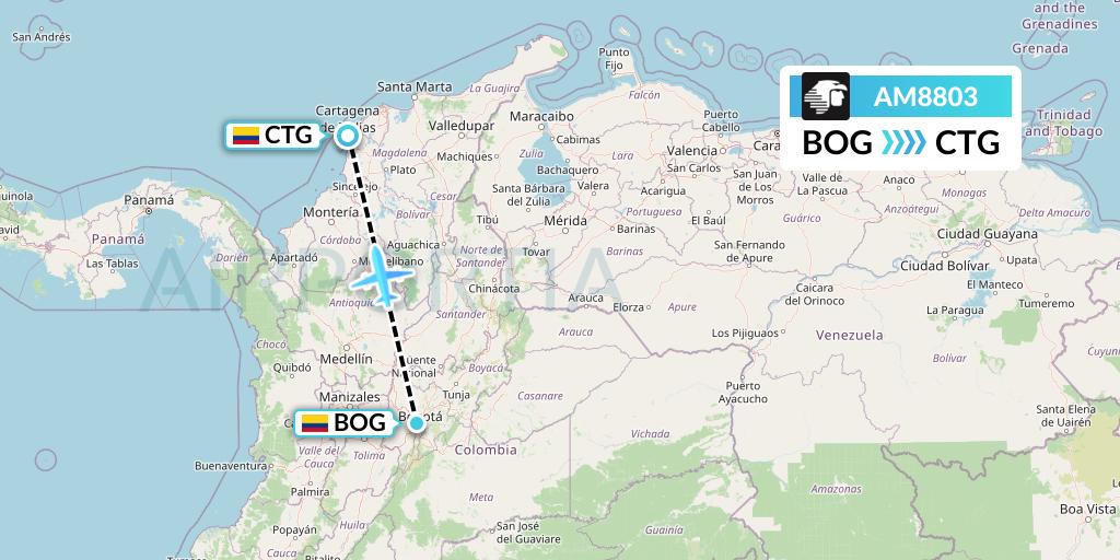 AM8803 Aeromexico Flight Map: Bogota to Cartagena