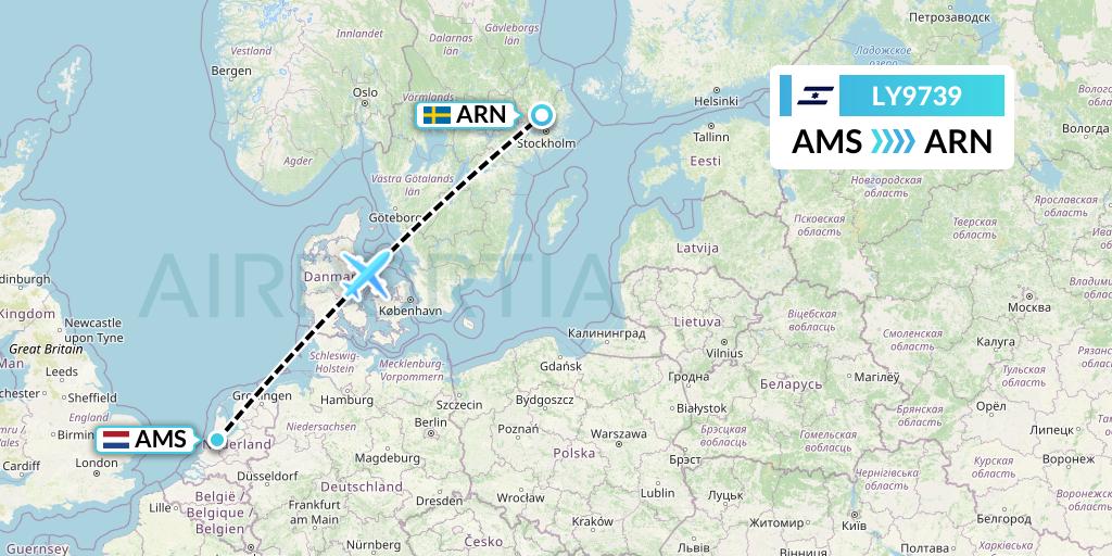 LY9739 El Al Flight Map: Amsterdam to Stockholm