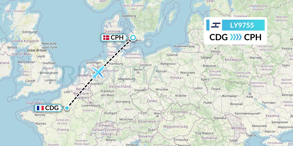 LY9755 El Al Flight Map: Paris to Copenhagen
