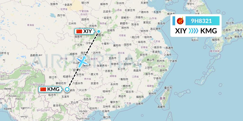 9H8321 Air Changan Flight Map: Xi'an to Kunming