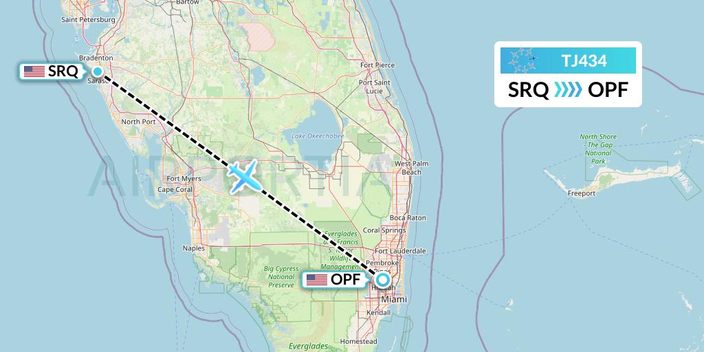 TJ434 Tradewind Aviation Flight Map: Sarasota to Miami