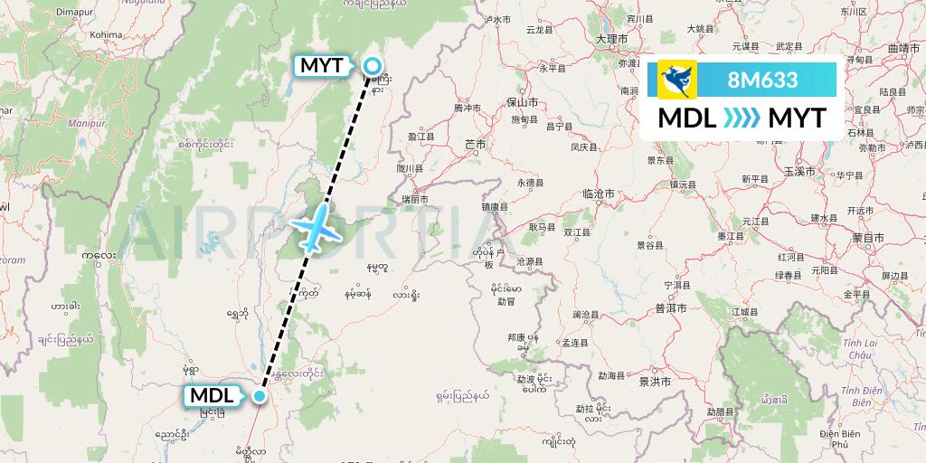 8M633 Myanmar Airways International Flight Map: Mandalay to Myitkyina