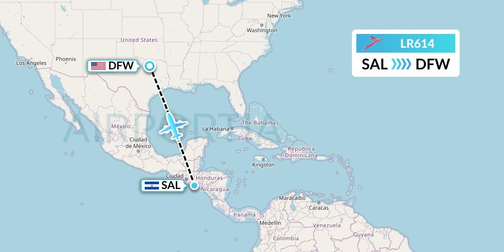LR614 Lacsa Flight Map: San Salvador to Dallas