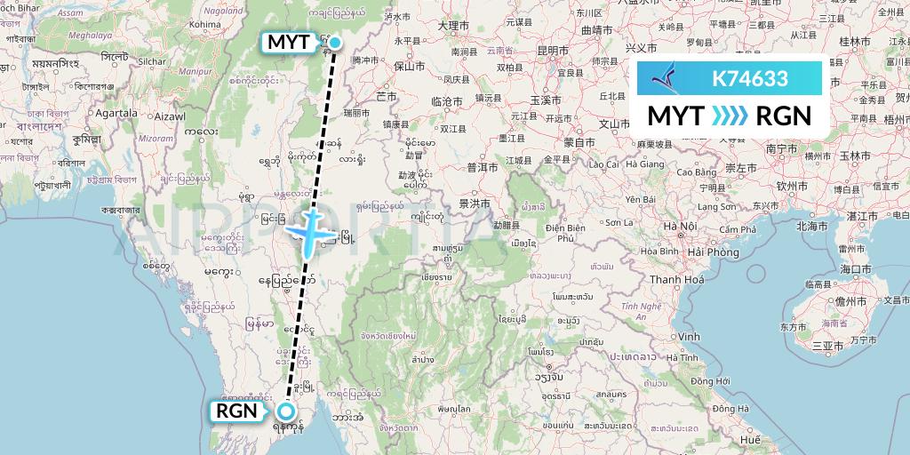 K74633 Air KBZ Flight Map: Myitkyina to Yangon