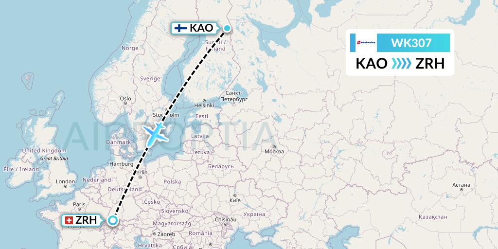 WK307 Edelweiss Air Flight Map: Kuusamo to Zurich