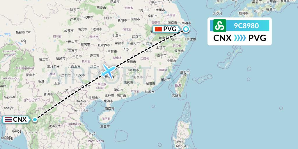 9C8980 Spring Airlines Flight Map: Chiang Mai to Shanghai