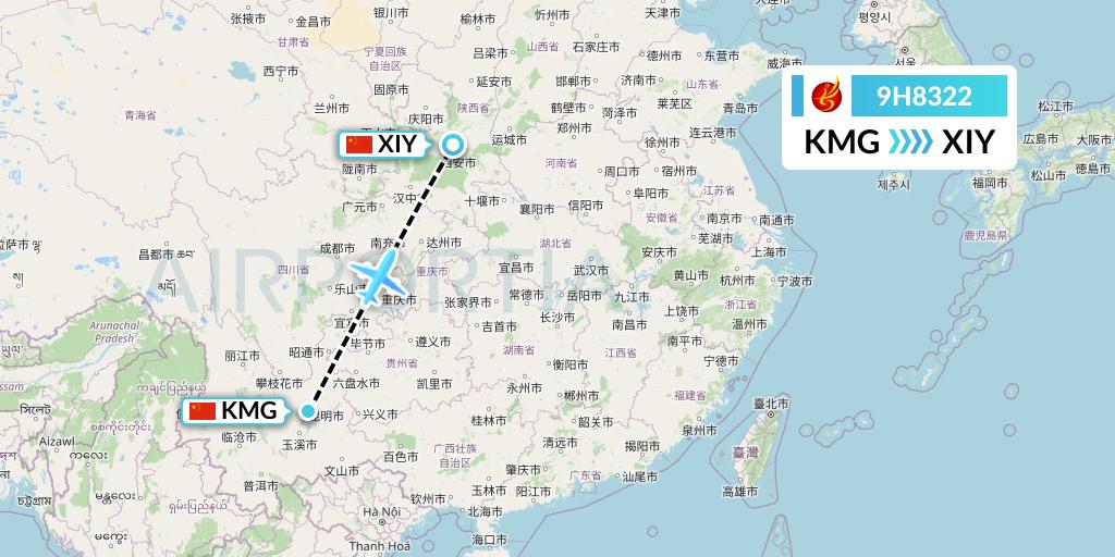 9H8322 Air Changan Flight Map: Kunming to Xi'an