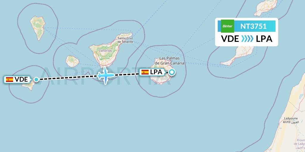 NT3751 Binter Canarias Flight Map: El Hierro to Las Palmas