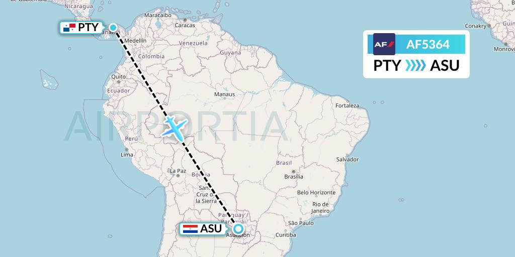 AF5364 Air France Flight Map: Panama City to Asuncion