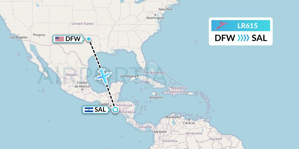 LR615 Lacsa Flight Map: Dallas to San Salvador