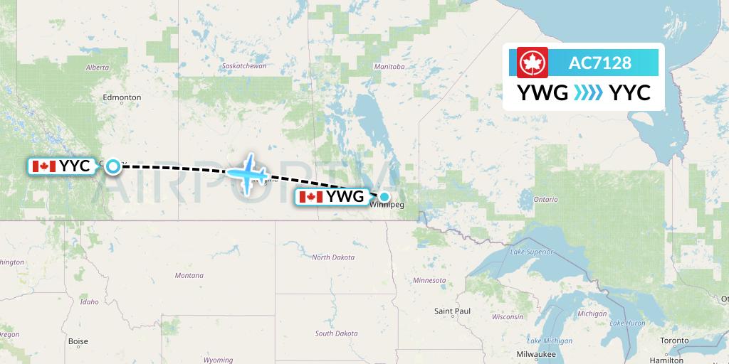 AC7128 Air Canada Flight Map: Winnipeg to Calgary