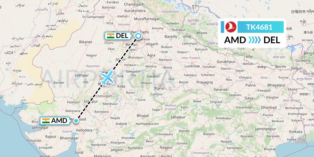 TK4681 Turkish Airlines Flight Map: Ahmedabad to Delhi