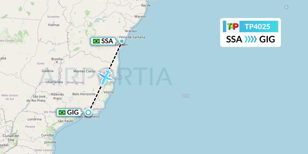 TP4025 TAP Portugal Flight Map: Salvador to Rio de Janeiro
