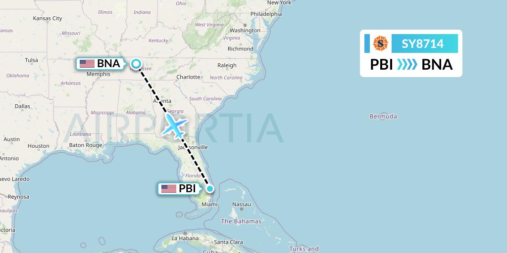 SY8714 Sun Country Airlines Flight Map: West Palm Beach to Nashville