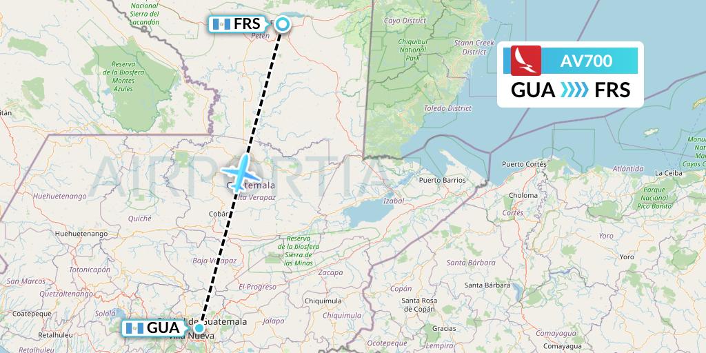 AV700 Avianca Flight Map: Guatemala City to Flores