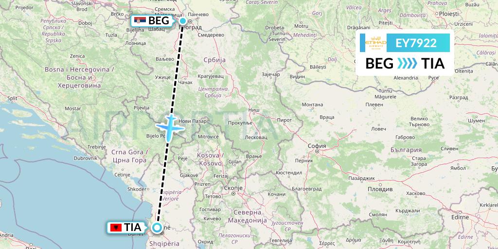 EY7922 Etihad Airways Flight Map: Belgrade to Tirana