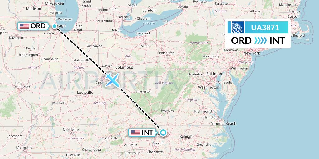 UA3871 United Airlines Flight Map: Chicago to Winston-Salem