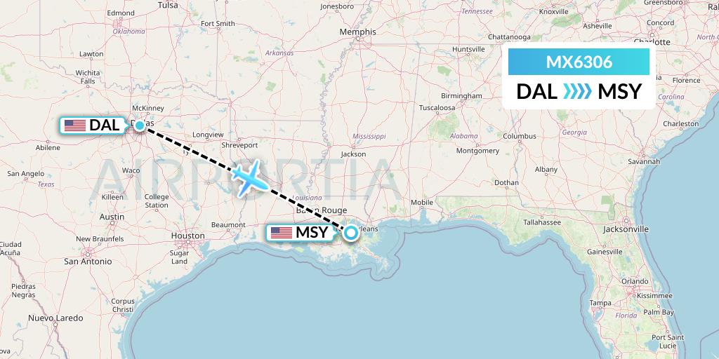 MX6306 Breeze Airways Flight Map: Dallas to New Orleans
