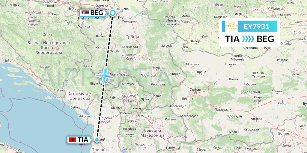 EY7931 Etihad Airways Flight Map: Tirana to Belgrade