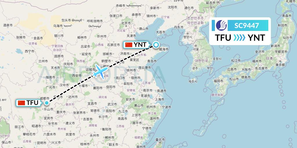 SC9447 Shandong Airlines Flight Map: Chengdu to Yantai