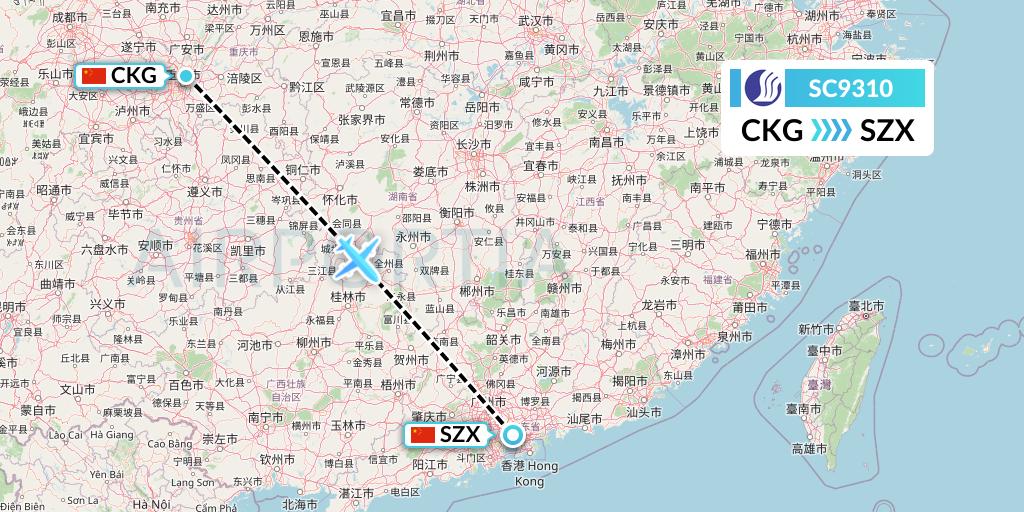 SC9310 Shandong Airlines Flight Map: Chongqing to Shenzhen