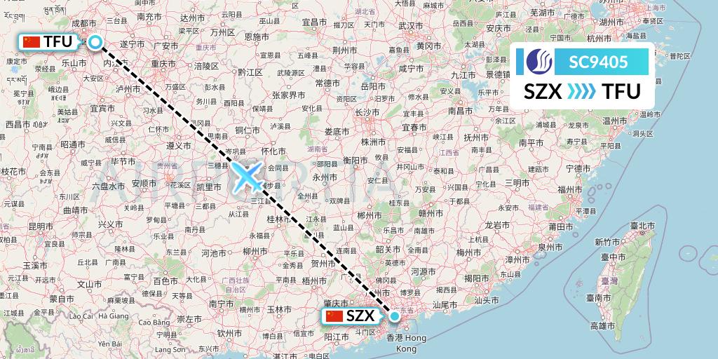 SC9405 Shandong Airlines Flight Map: Shenzhen to Chengdu