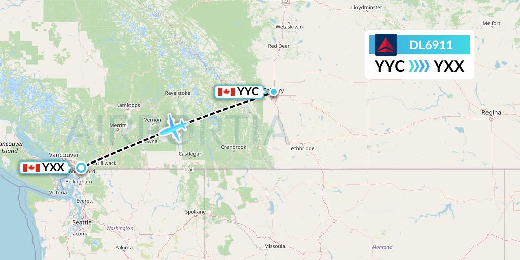 DL6911 Delta Air Lines Flight Map: Calgary to Abbotsford