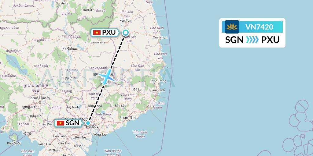 VN7420 Vietnam Airlines Flight Map: Ho Chi Minh City to Pleiku