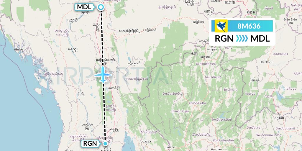 8M636 Myanmar Airways International Flight Map: Yangon to Mandalay