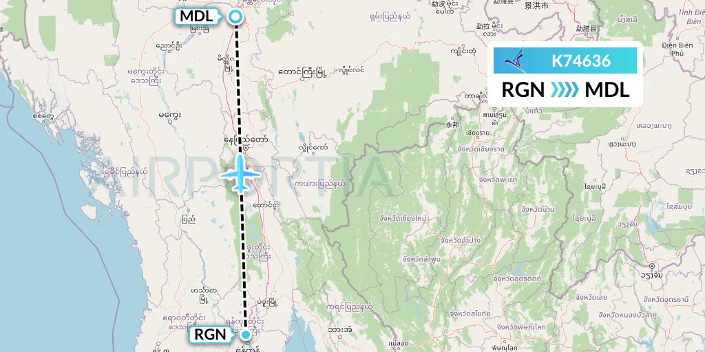 K74636 Air KBZ Flight Map: Yangon to Mandalay
