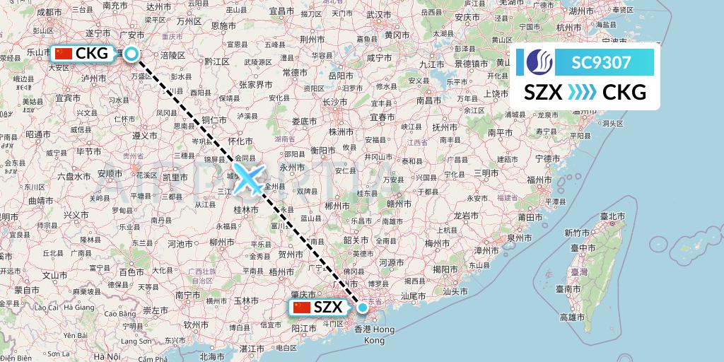 SC9307 Shandong Airlines Flight Map: Shenzhen to Chongqing