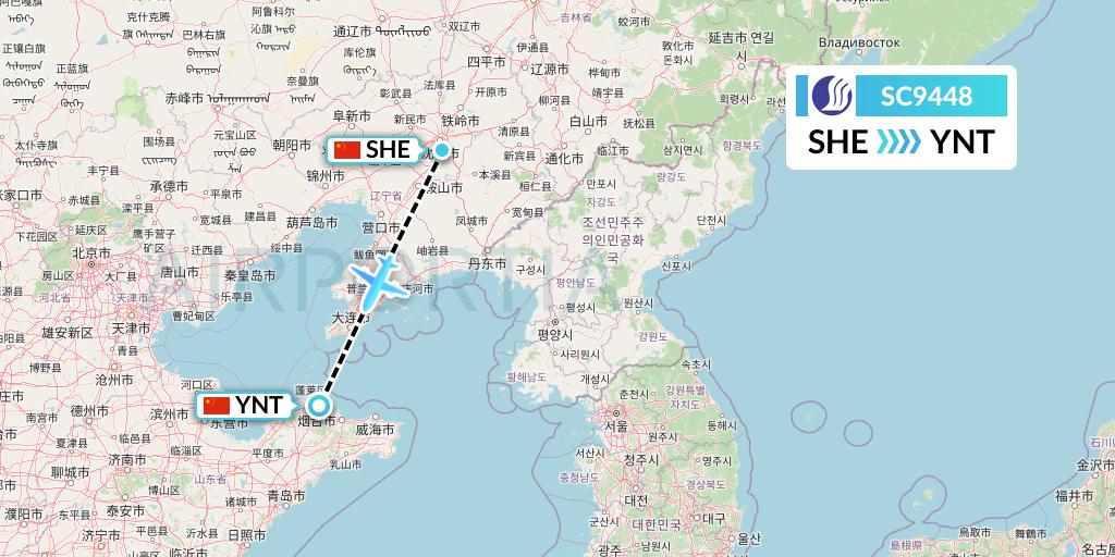 SC9448 Shandong Airlines Flight Map: Shenyang to Yantai