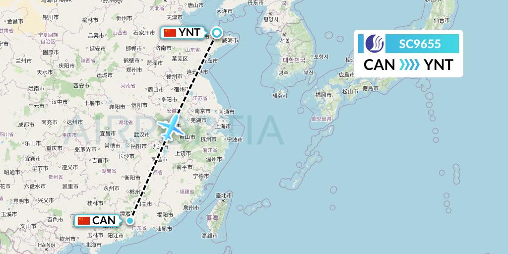 SC9655 Shandong Airlines Flight Map: Guangzhou to Yantai