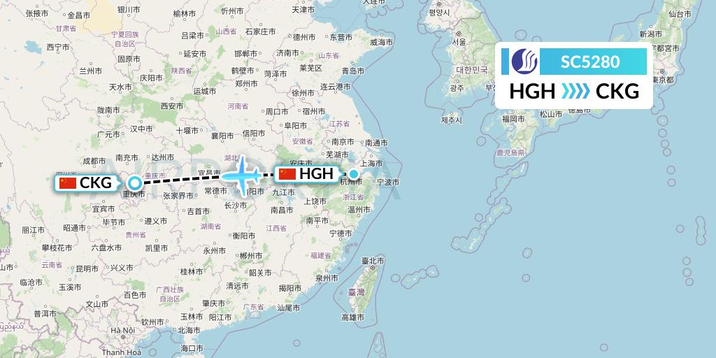 SC5280 Shandong Airlines Flight Map: Hangzhou to Chongqing