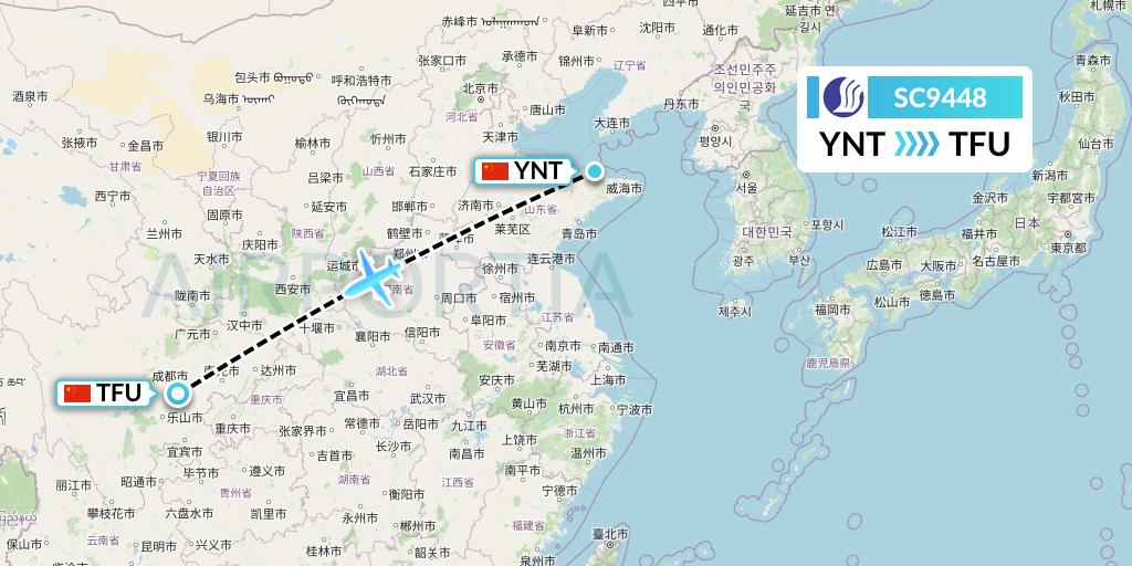 SC9448 Shandong Airlines Flight Map: Yantai to Chengdu