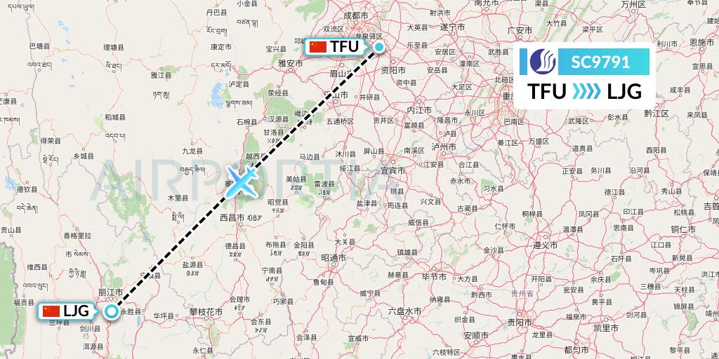 SC9791 Shandong Airlines Flight Map: Chengdu to Lijiang
