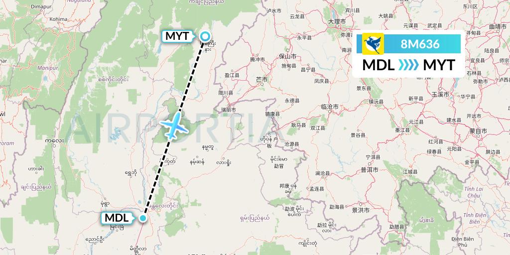 8M636 Myanmar Airways International Flight Map: Mandalay to Myitkyina