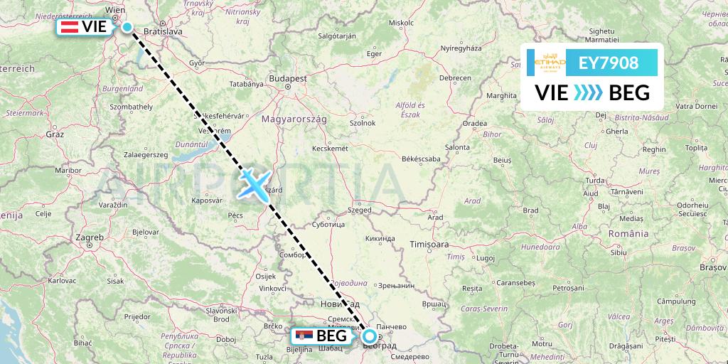 EY7908 Etihad Airways Flight Map: Vienna to Belgrade