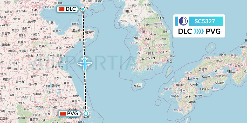 SC5327 Shandong Airlines Flight Map: Dalian to Shanghai