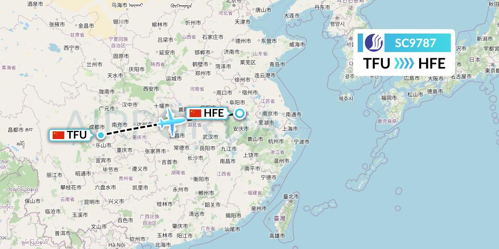 SC9787 Shandong Airlines Flight Map: Chengdu to Hefei