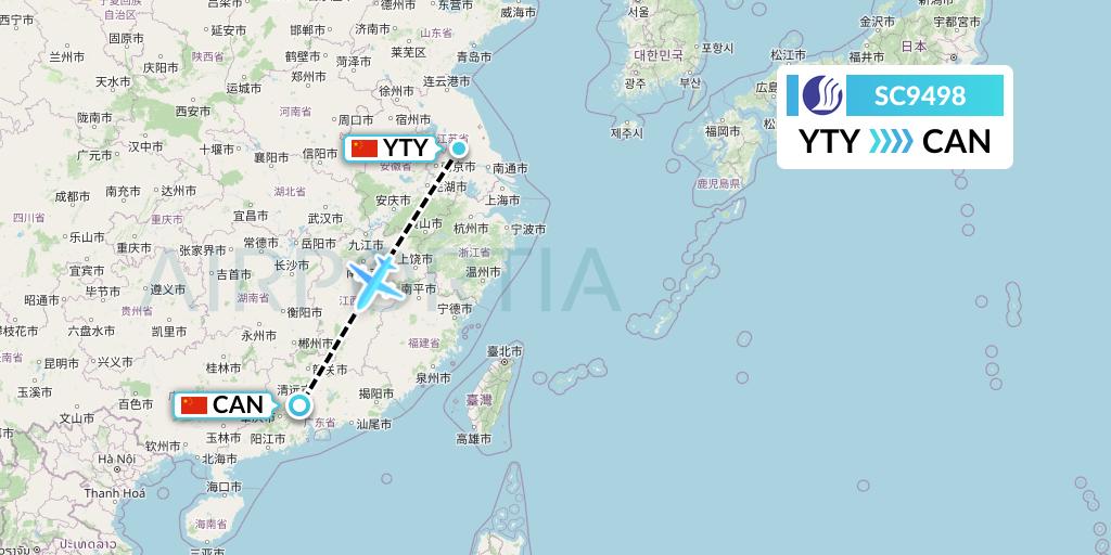 SC9498 Shandong Airlines Flight Map: Yangzhou to Guangzhou