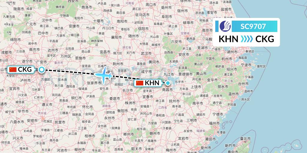 SC9707 Shandong Airlines Flight Map: Nanchang to Chongqing