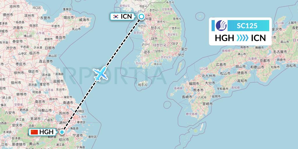SC125 Shandong Airlines Flight Map: Hangzhou to Seoul