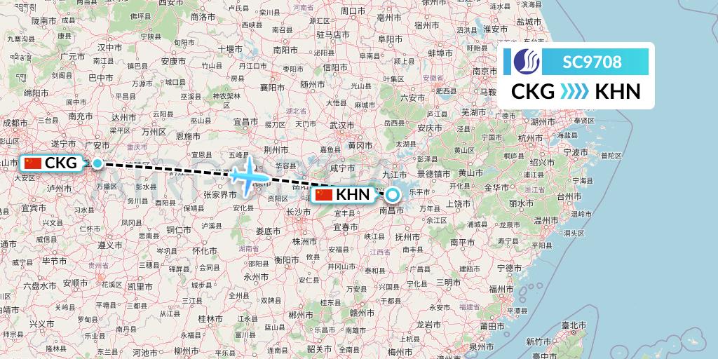 SC9708 Shandong Airlines Flight Map: Chongqing to Nanchang
