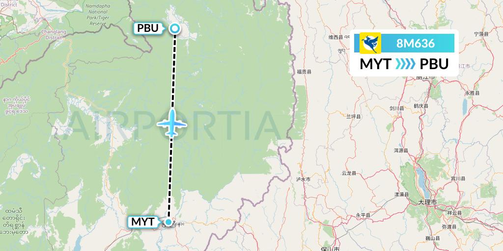 8M636 Myanmar Airways International Flight Map: Myitkyina to Putao