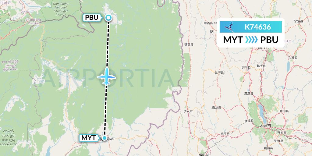K74636 Air KBZ Flight Map: Myitkyina to Putao