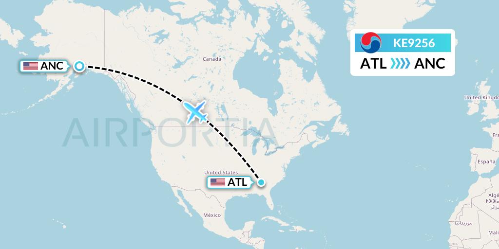 KE9256 Korean Air Flight Map: Atlanta to Anchorage
