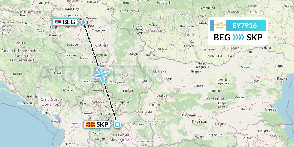 EY7916 Etihad Airways Flight Map: Belgrade to Skopje