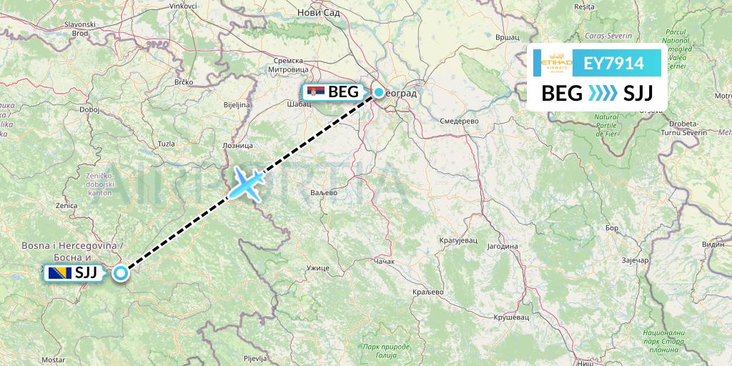 EY7914 Etihad Airways Flight Map: Belgrade to Sarajevo
